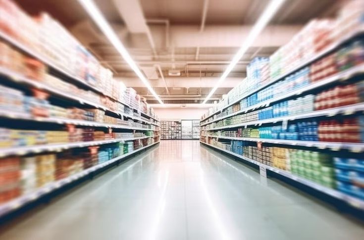 Abstract blurred supermarket aisle with colorful shelves and unrecognizable customers as background _ Premium AI-generated image